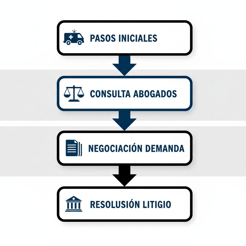 Diagrama de flujo vertical ilustrando los pasos clave del proceso legal post-accidente en Pasadena