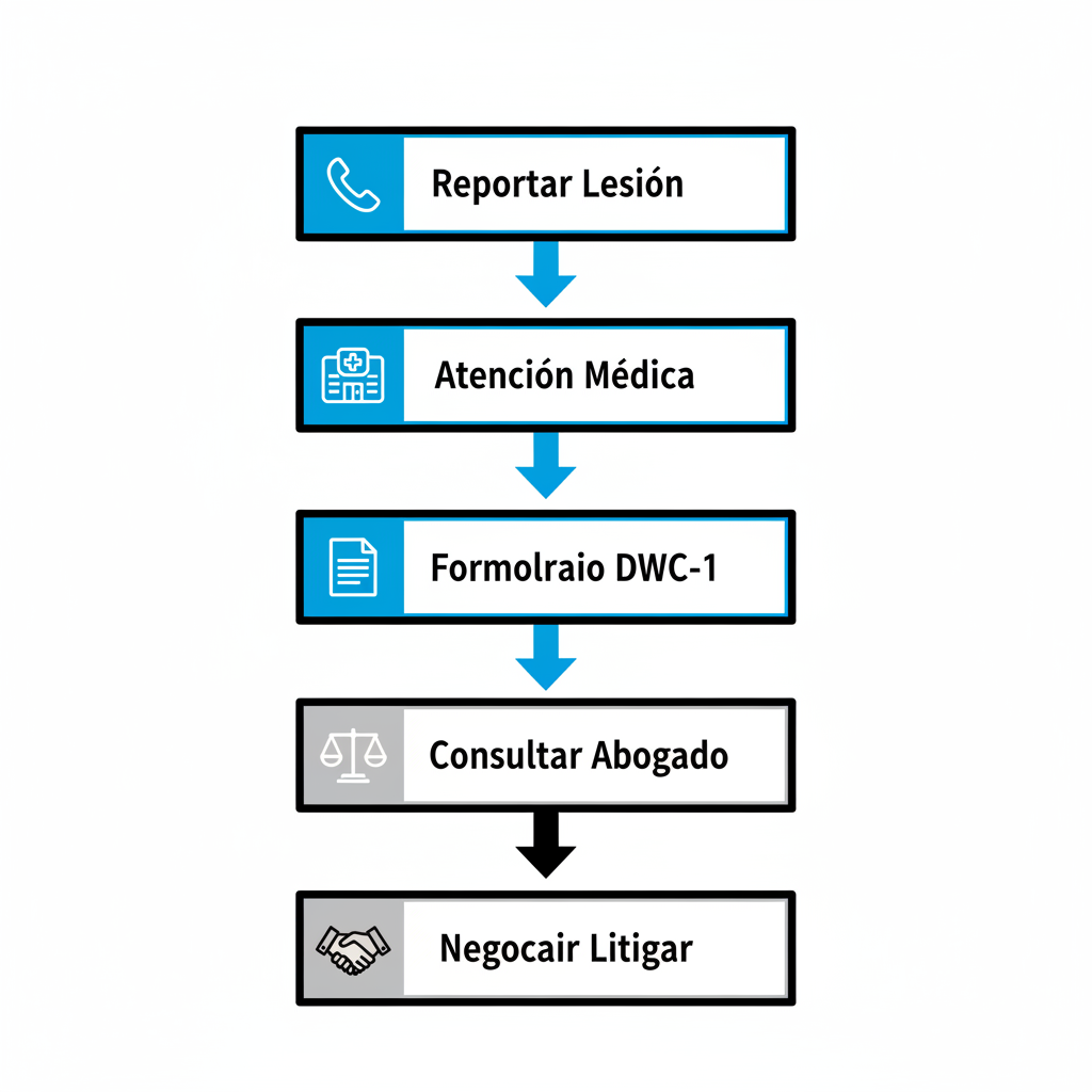 Diagrama de flujo vertical con cinco etapas para iniciar una reclamación por accidente laboral en Pasadena, incluyendo iconos y flechas.